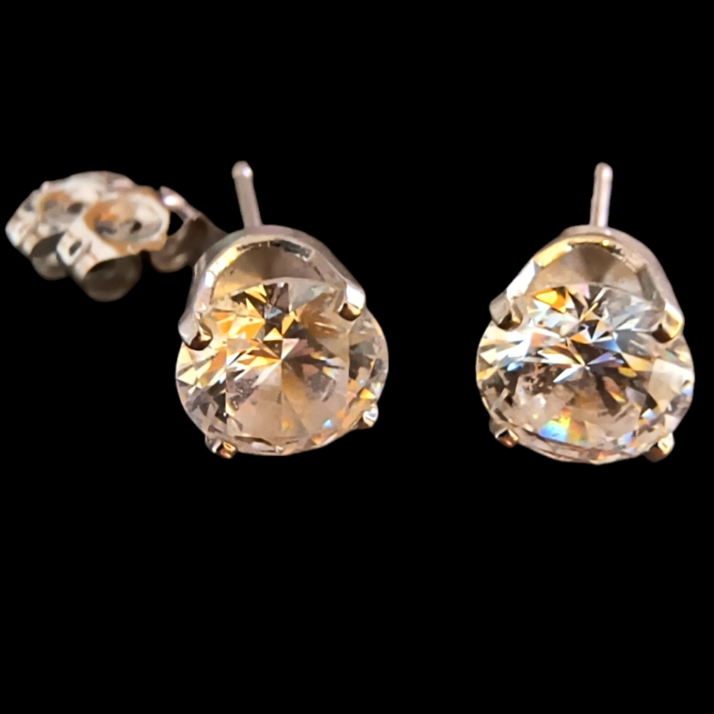 Diamonique Signed 14KT White Gold and CZ Stud Earrings